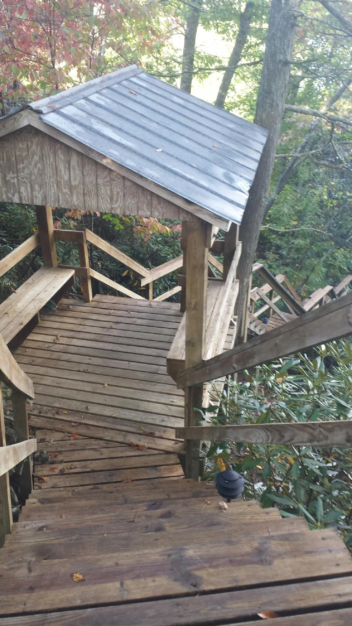 Metal roofed shelter over wooden steps on a wooded walkway — Skylight Repair & Installation work by our crew in Nora Springs